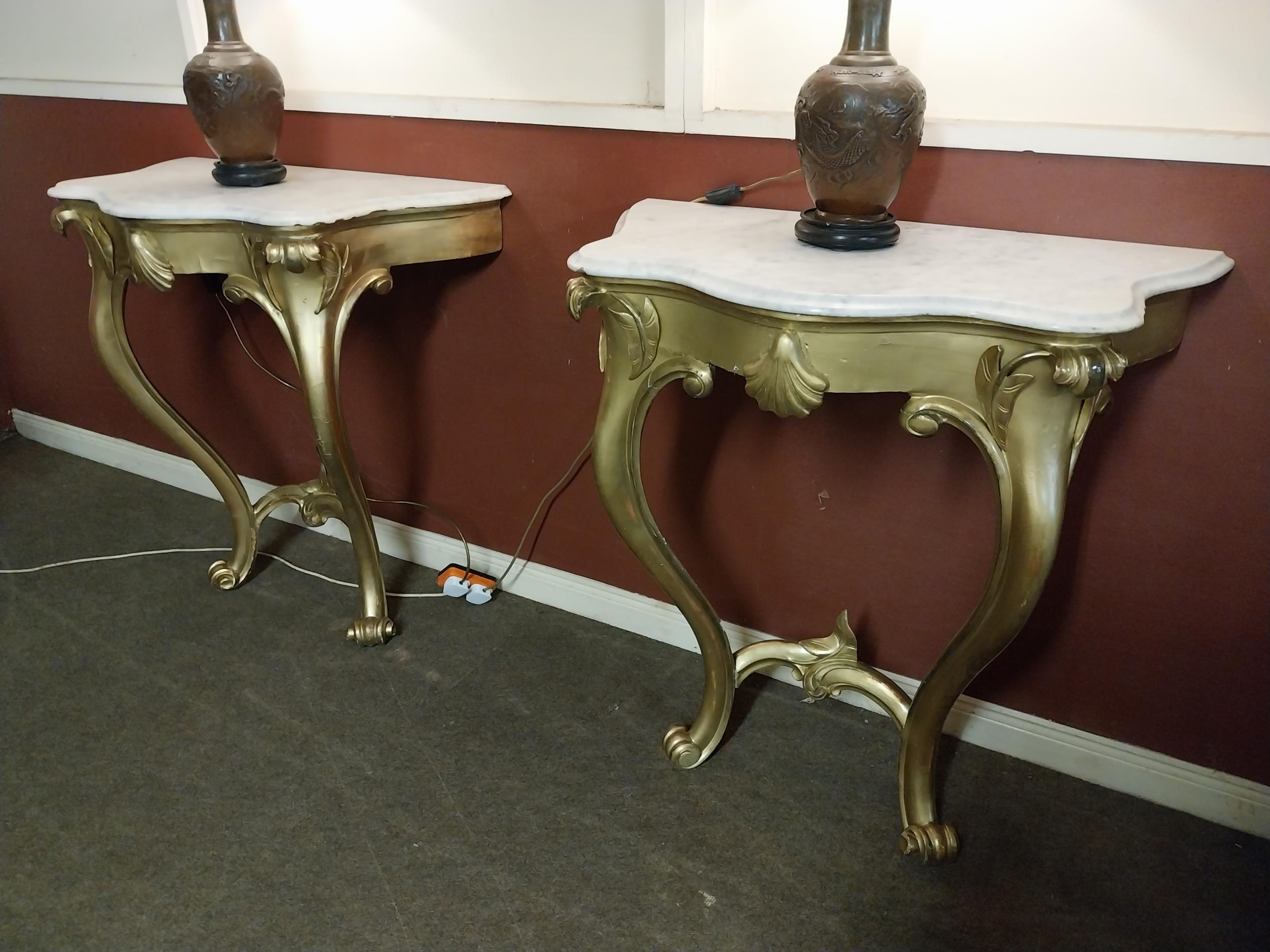 Pair of Irish Victorian gilt console table with marble top raised on cabriole legs {90 cm H x 86 - Image 4 of 4
