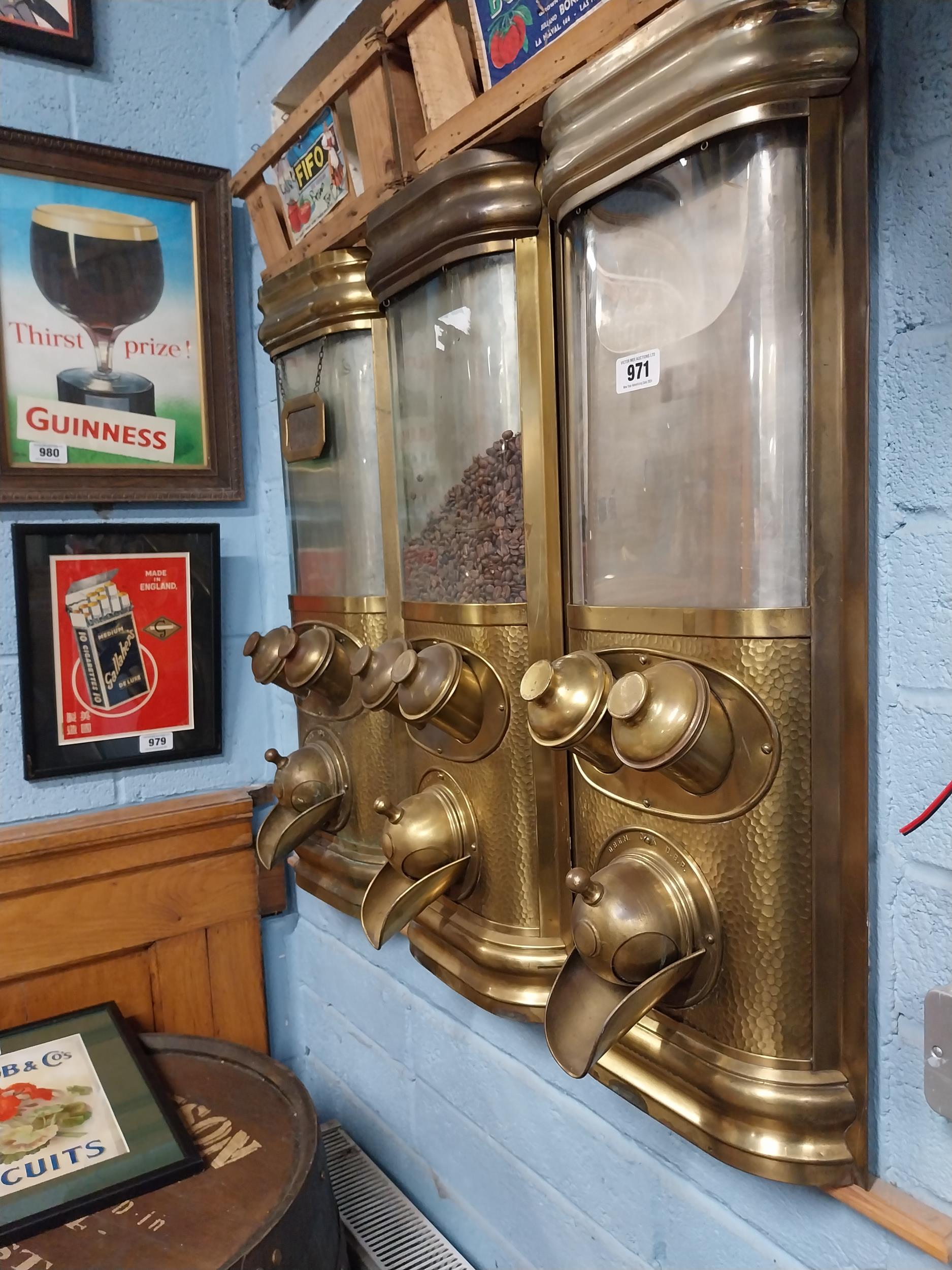 Rare set of three early 20th C. Otto Kind brass coffee dispensers. {80 cm H x 96 cm W x 35 cm D}. - Image 4 of 5