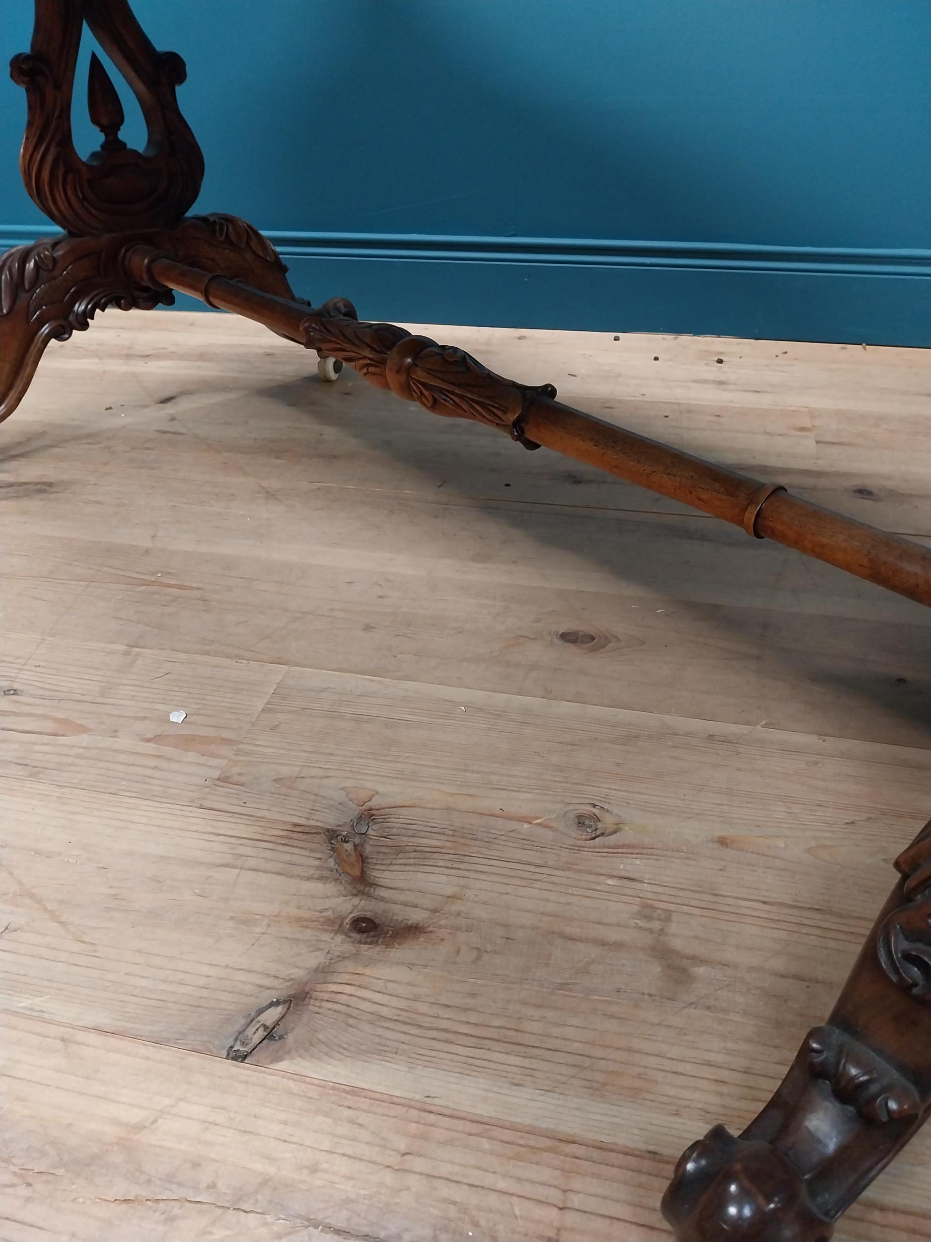 19th C. burr walnut sofa table raised on lyre supports and four outswept legs on turned stretcher { - Image 5 of 5