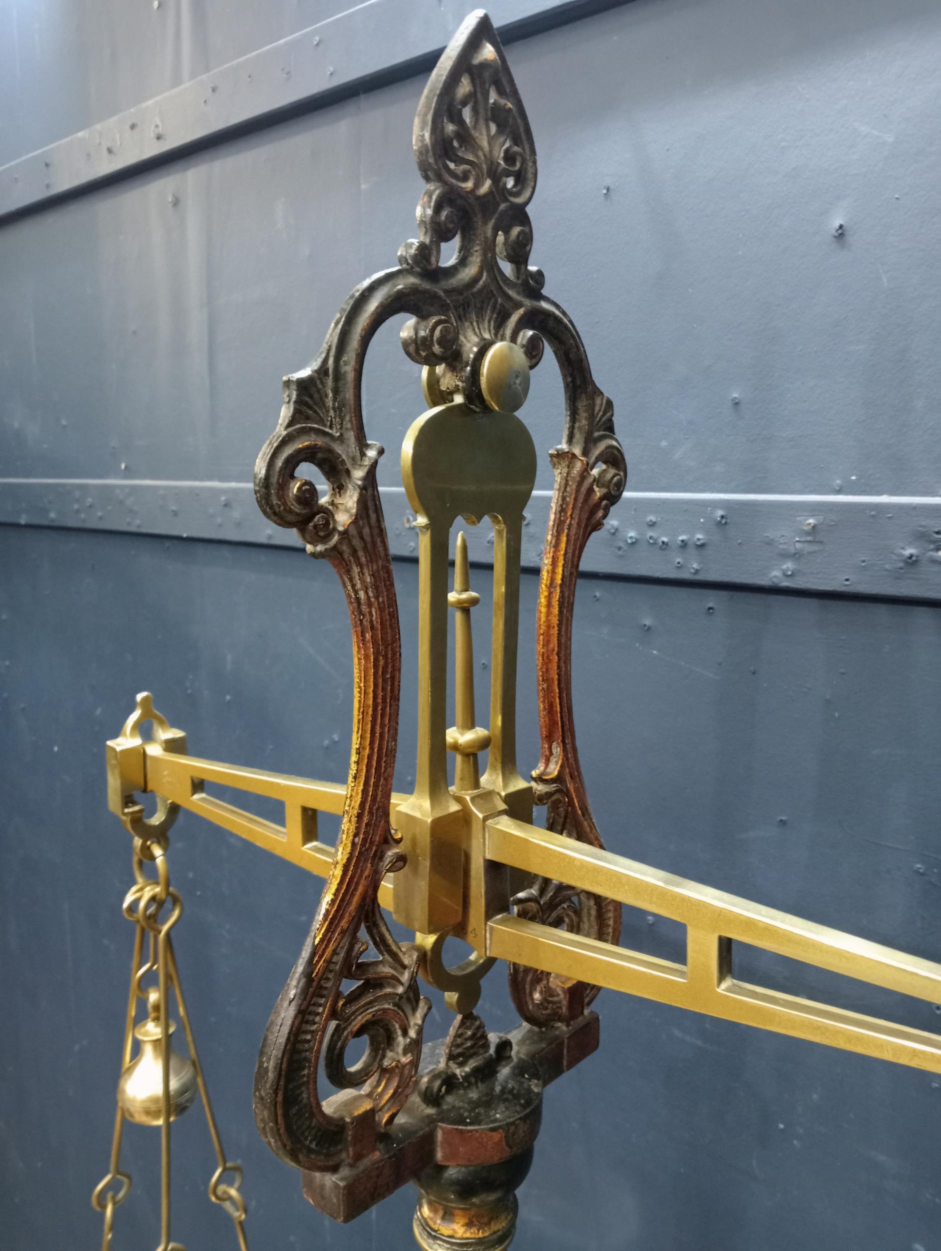 19th C. cast brass weighing scales {H 200cm x W 80cm x D 35cm }. - Image 3 of 3
