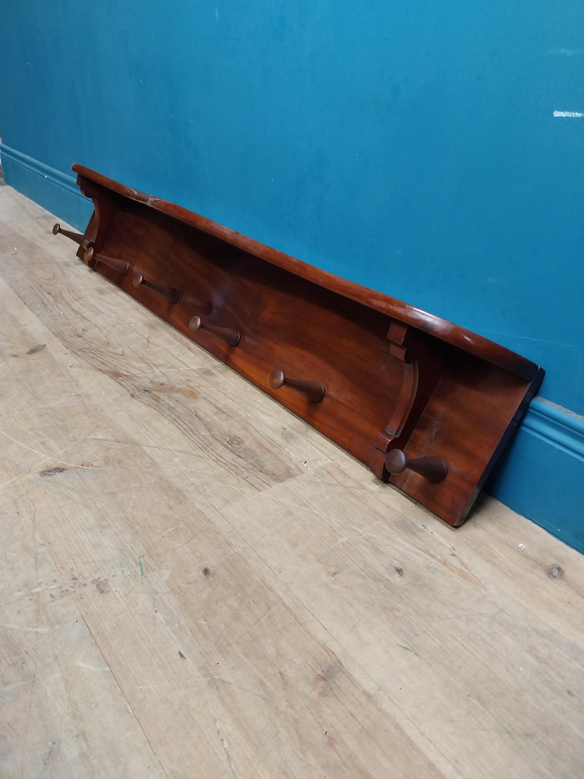 19th C. mahogany wall hanging coat rack. {20 cm H x 123 cm W x 17 cm D}. - Image 2 of 4