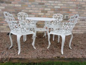 Cast aluminium white garden table and four armchairs {Chairs H 80cm x W 58cm x D 50cm Table H 69cm x