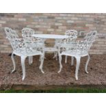 Cast aluminium white garden table and four armchairs {Chairs H 80cm x W 58cm x D 50cm Table H 69cm x