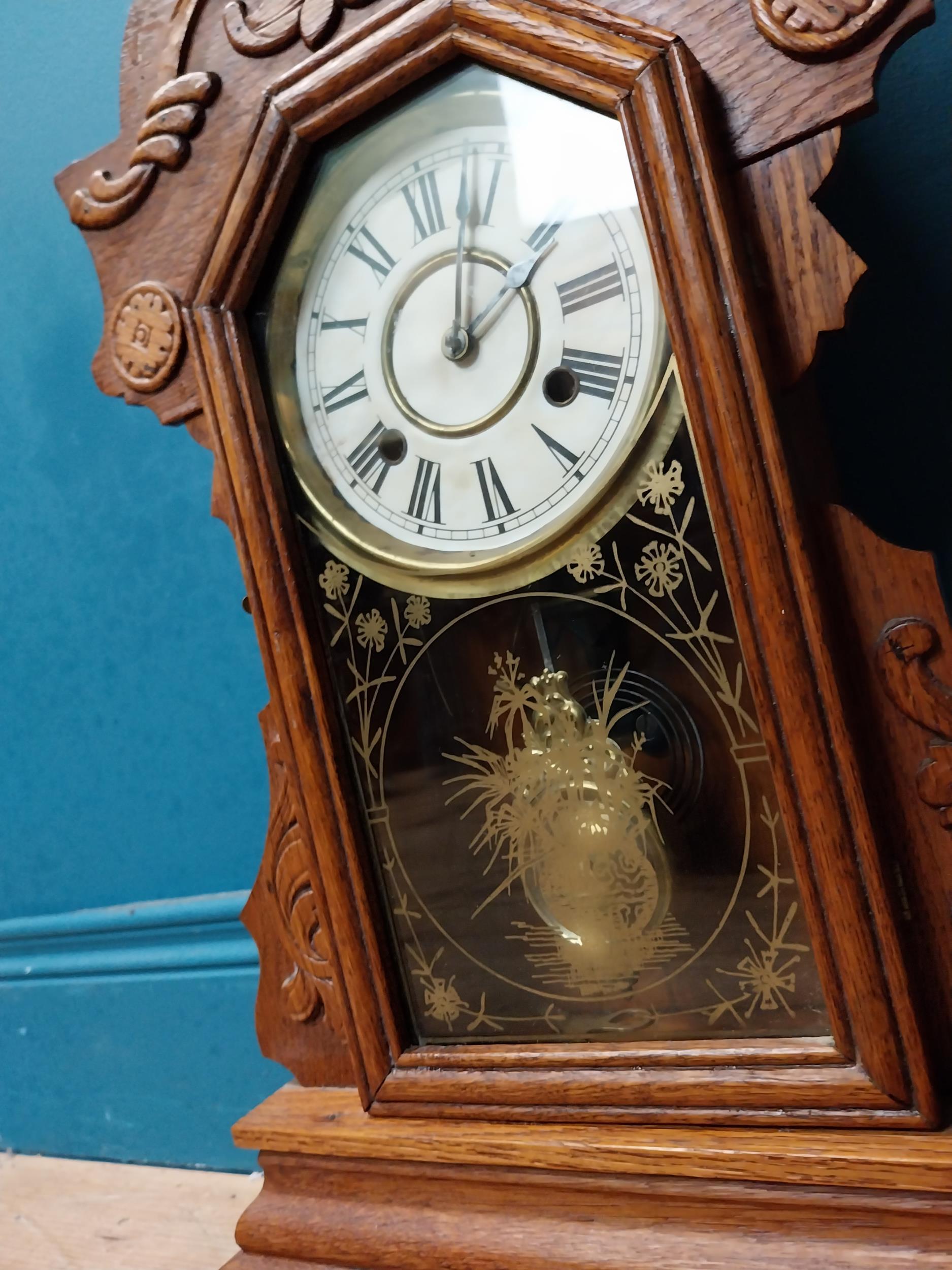 Early 20th C. oak gingerbread clock. {60 cm H x 37 cm W x 14 cm D}. - Image 2 of 5