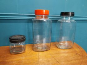 Three 1950's glass sweet jars. {30 cm H x 16 cm W x 12 cm D} and {11 cm H x 11 cm Dia.}.
