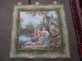 French framed tapestry Lovers scene {95 cm H x 90 cm W}.