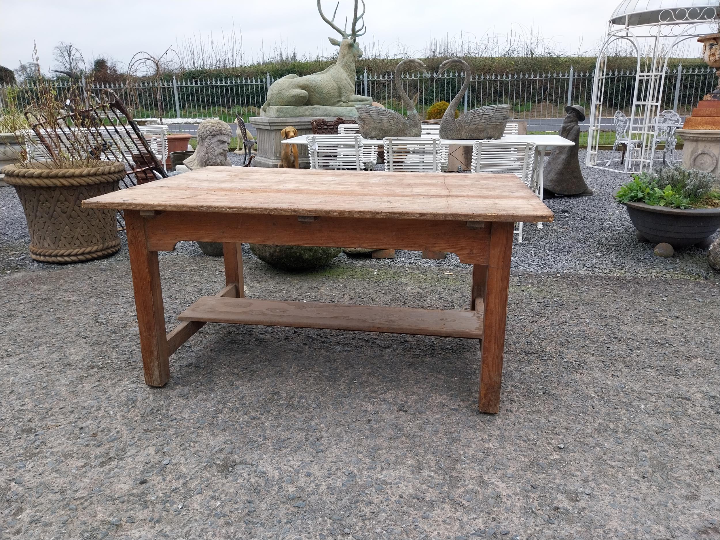 Early 20th C. pine kitchen table on square legs and single stretcher. {74 cm H x 153 cm W x 101 cm - Image 6 of 6