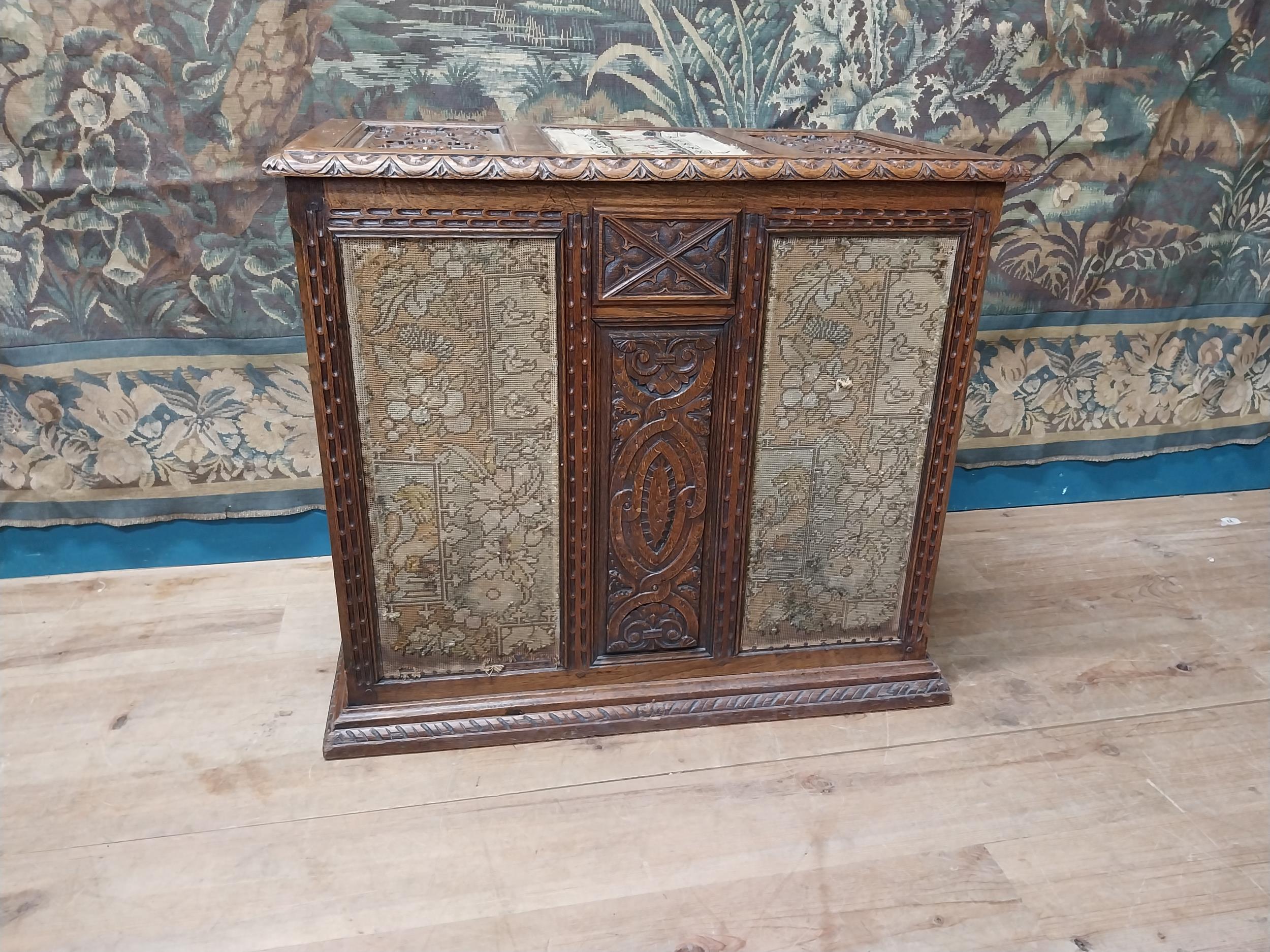 19th C. carved oak blanket box with tapestry panels {75 cm H x 85 cm W x 44 cm D}. - Image 8 of 8