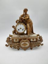 19th C. gilded spelter clock surmounted by Classical figure. {40 cm H x 40 cm W x 14 cm D}.