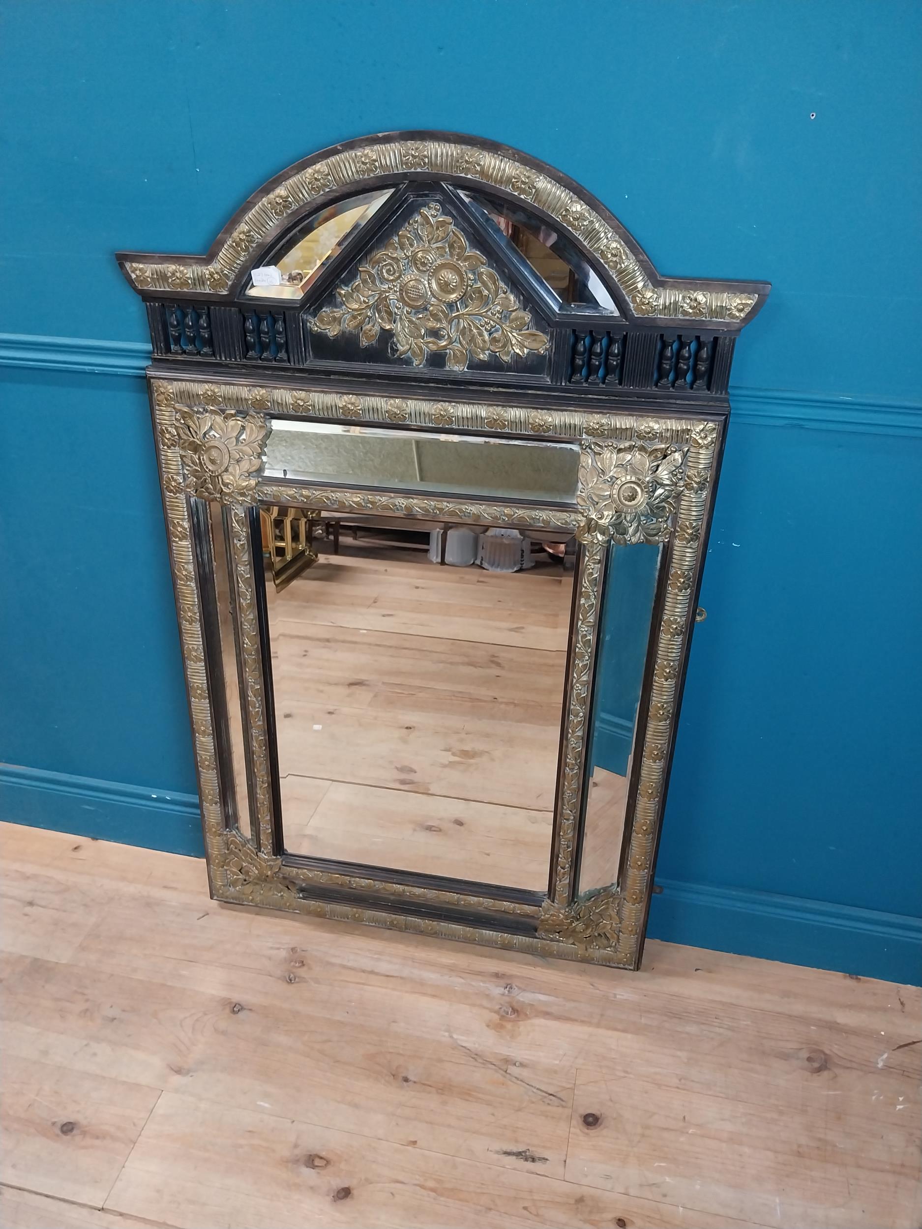 19th C. French brass and ebonised cushion mirror with floral decoration. {131 cm H x 86 cm W}. - Image 7 of 8