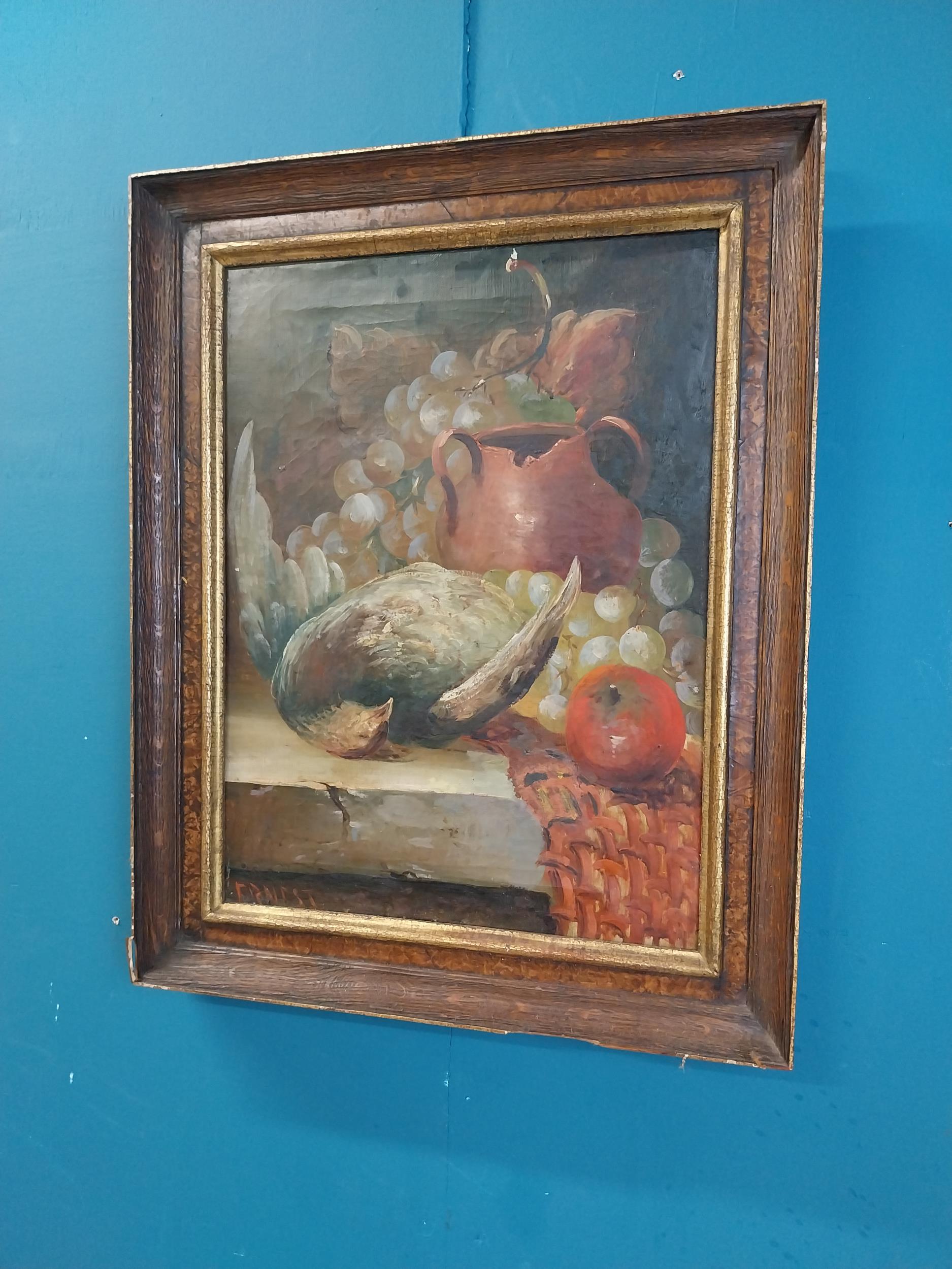 Early 20th C. oil on canvas - Still Life mounted in wooden frame {50 cm H x 40 cm W}. - Image 3 of 6