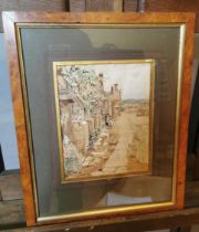 Early 20th C. Winifred Thompson Village Scene 1921 watercolour mounted in walnut frame {42 cm H x 34