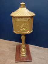 Cast iron post box on wooden base {H 110cm x W 40cm x D 50cm }.