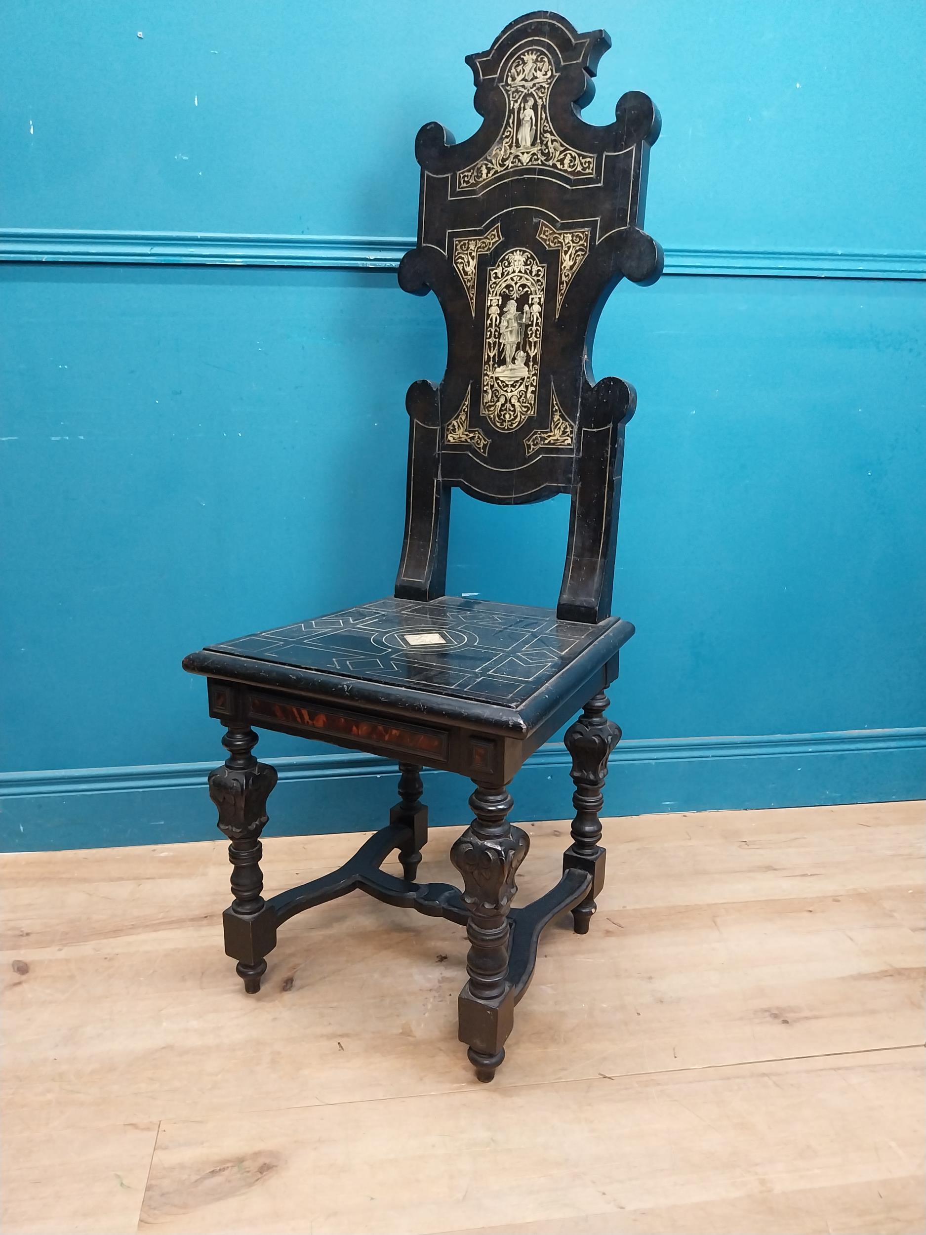 Pair of Aesthetic Movement ebonised hall chairs with inlaid bone decoration of Grecian imagery. {126 - Image 8 of 16