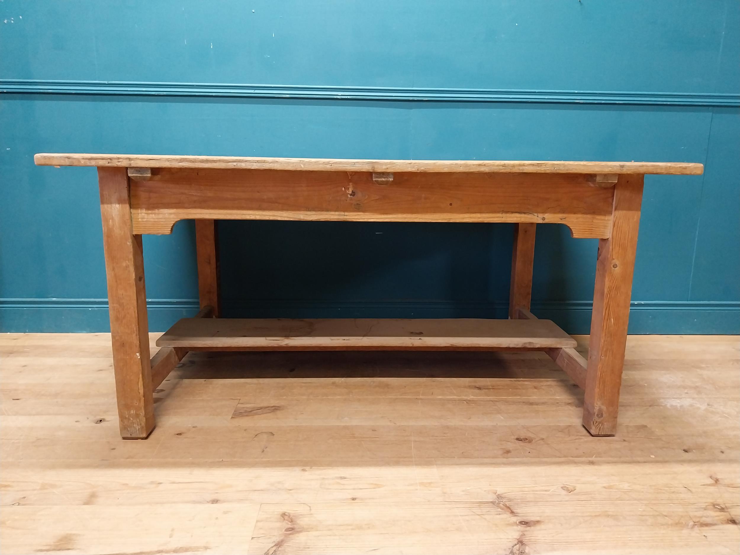 Early 20th C. pine kitchen table on square legs and single stretcher. {74 cm H x 153 cm W x 101 cm - Image 4 of 8