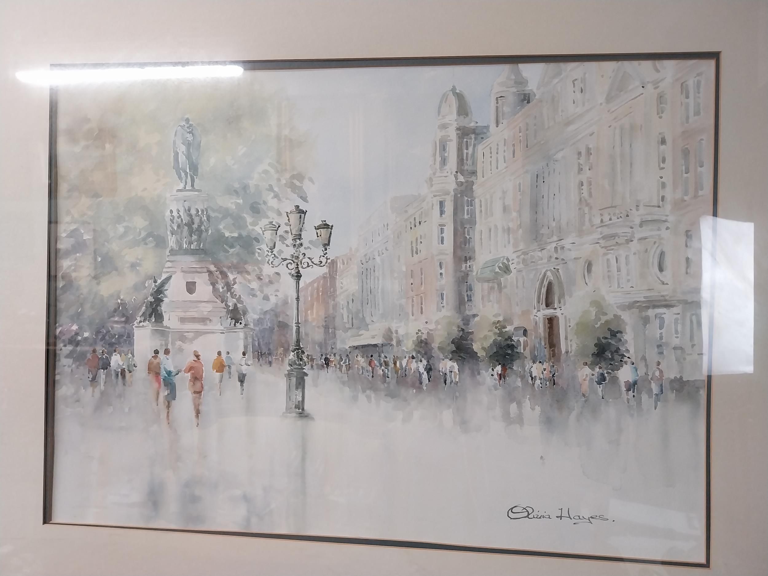 Olivia Hayes 'Town Square' watercolour mounted in wooden frame {80 cm H x 100 cm W}. - Image 3 of 5