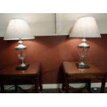 Pair of designer glass and chrome table lamps with cloth shades {66 cm H x 40 cm Dia.}.