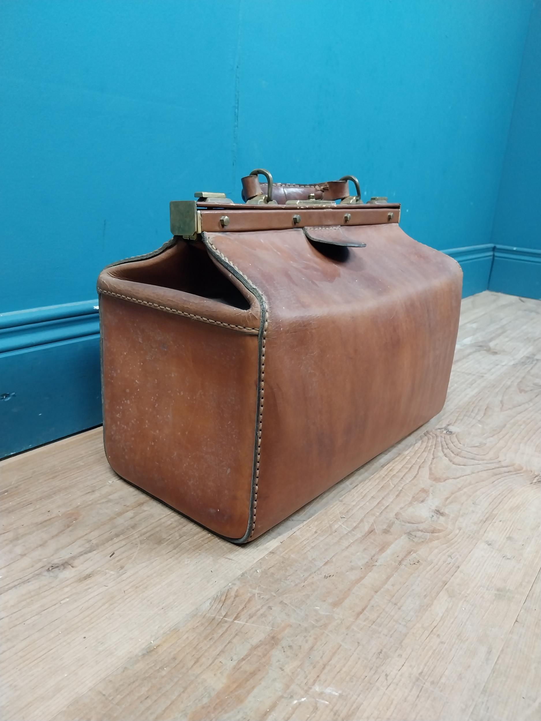Early 20th C. leather Gladstone bag with metal mounts stamped Marque Deposee. {36 cm H x 41 cm W x - Image 3 of 7