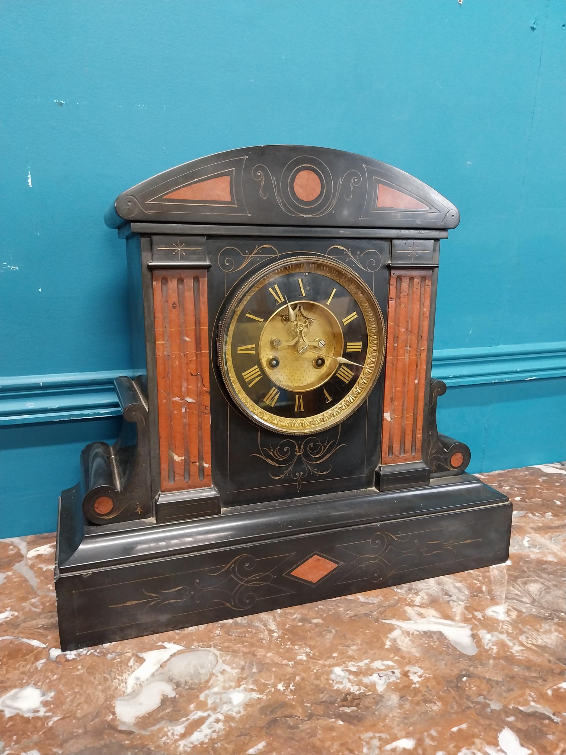 19th C. slate mantle clock. {38 cm H x 41 cm W x 15 cm D}. - Image 2 of 7