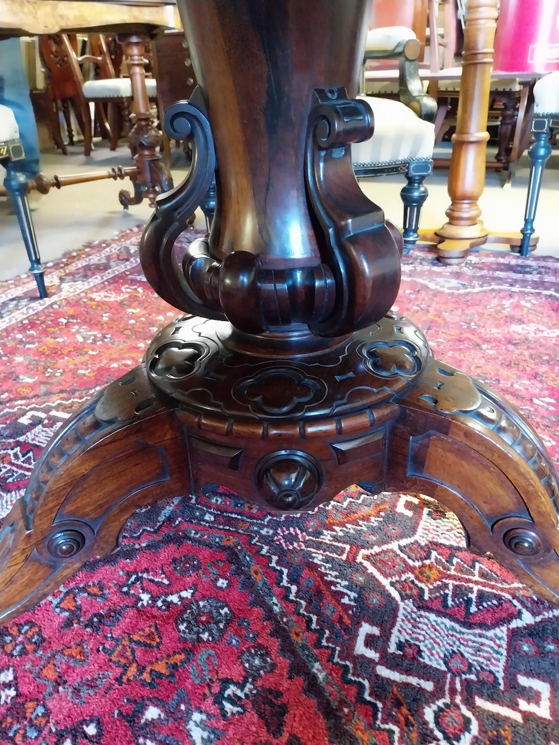 Exceptional quality 19th C. rosewood centre table raised on carved column and three outswept feet by - Image 4 of 6