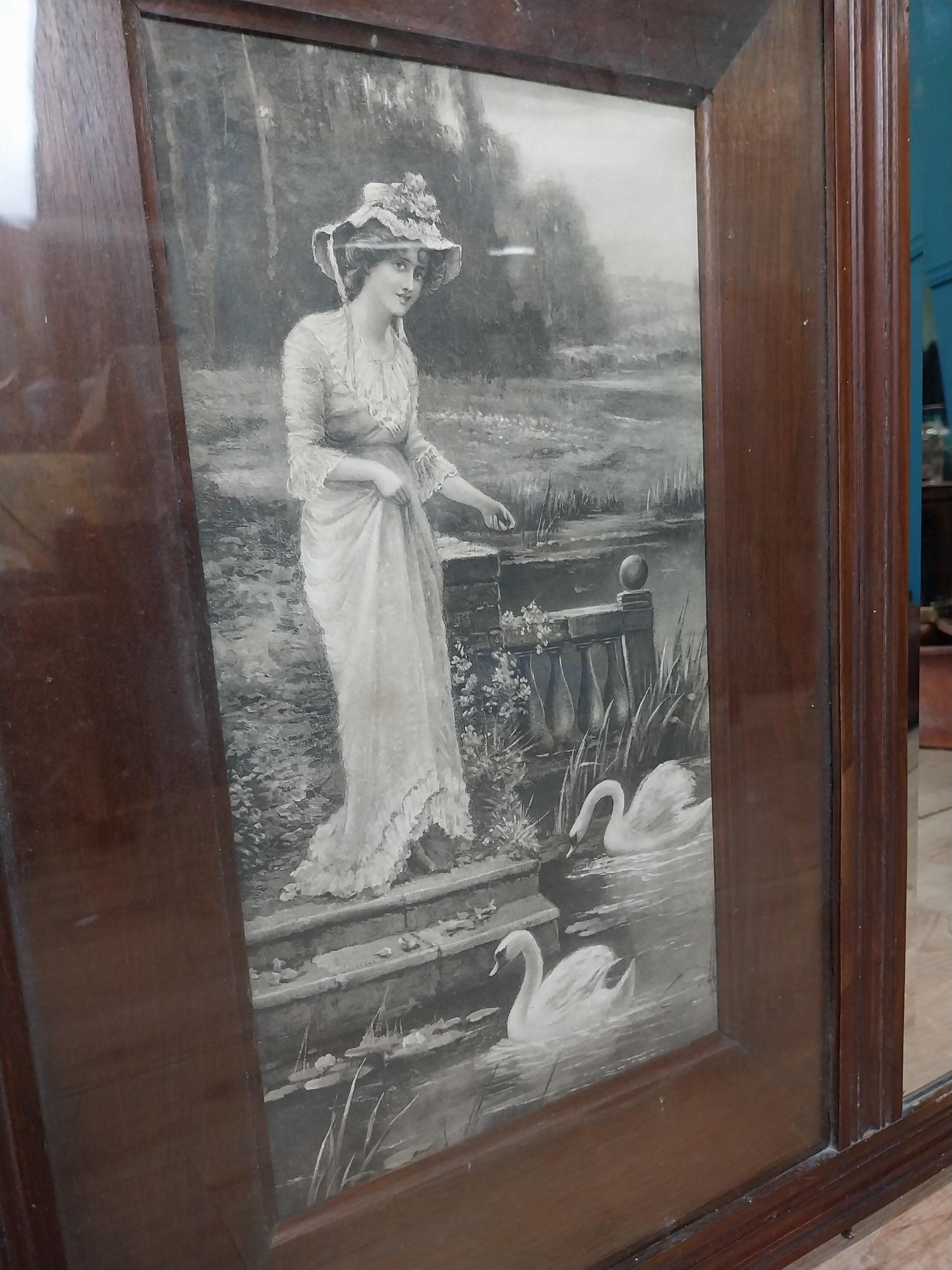 Edwardian mahogany overmantle mirror surmounted by black and white scenes of Lady and Swans and - Image 4 of 6