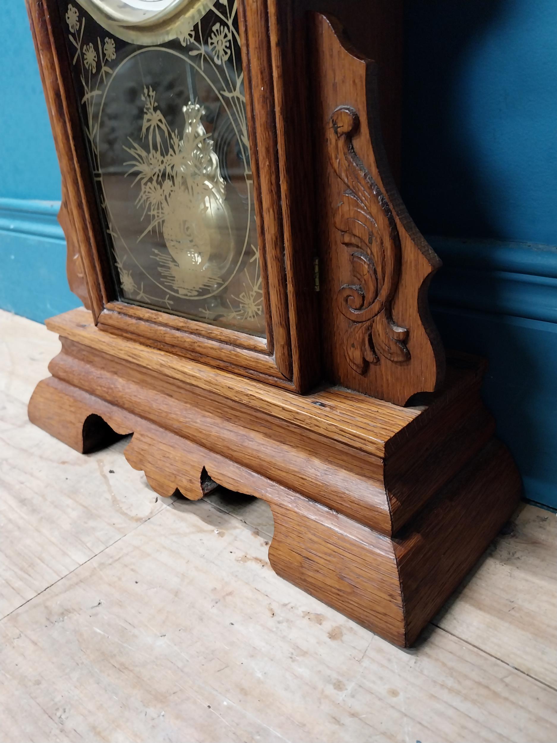 Early 20th C. oak gingerbread clock. {60 cm H x 37 cm W x 14 cm D}. - Image 3 of 5