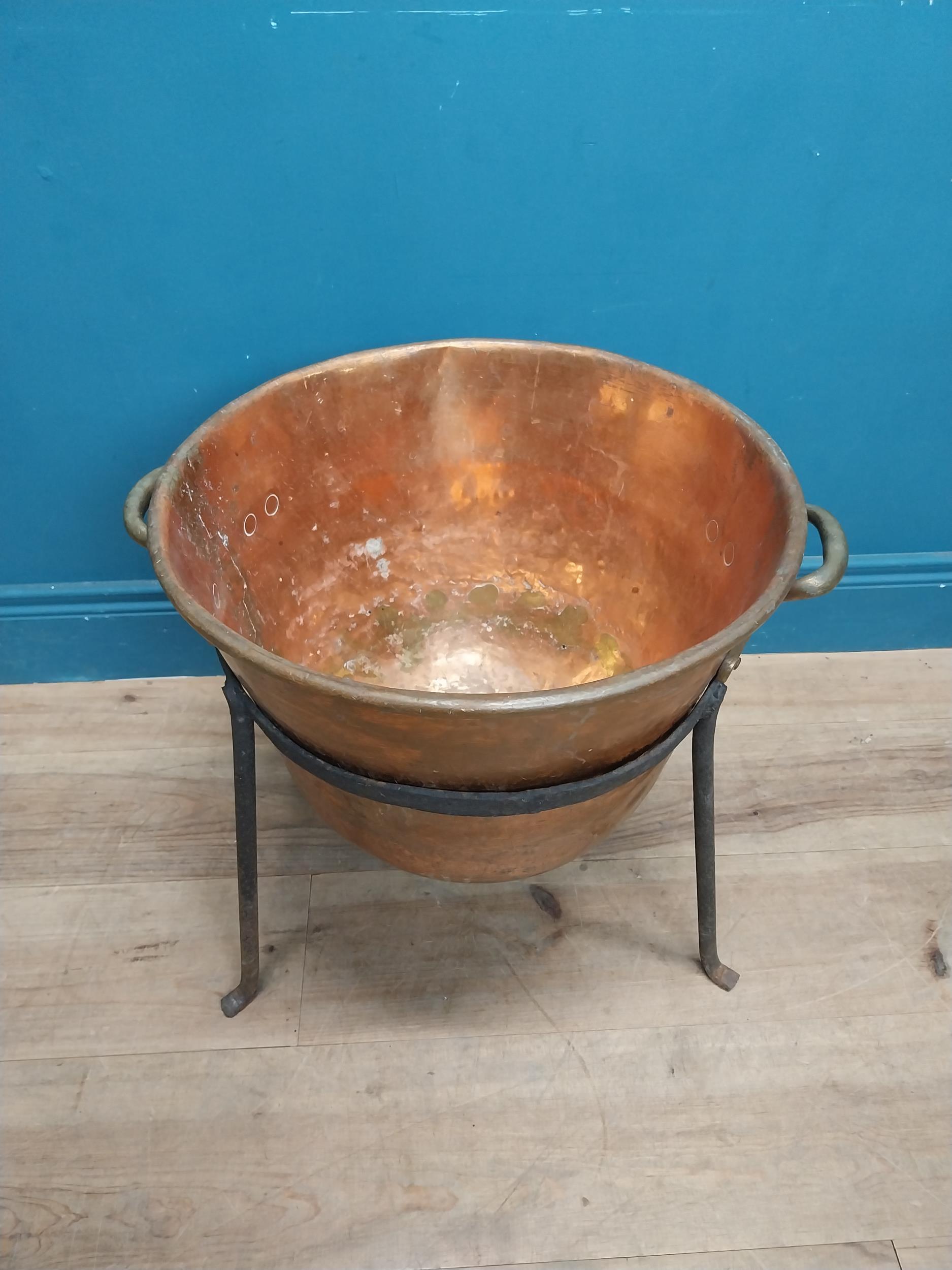 Early 20th C. copper and metal log bucket with two handles on tripod base. {} - Image 2 of 4