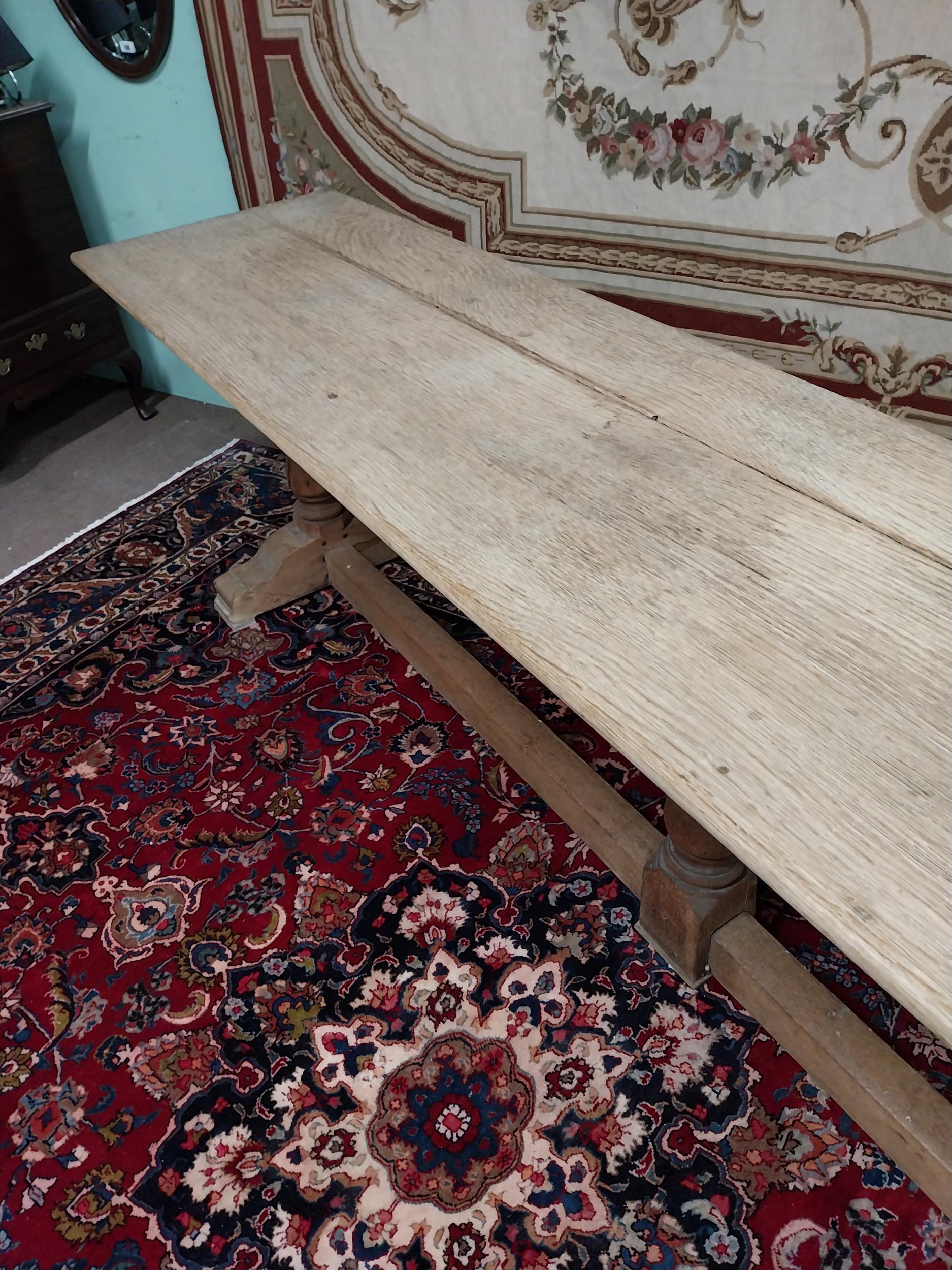 Exceptional quality bleached oak refectory table with two plank top raised on turned columns and - Image 6 of 9