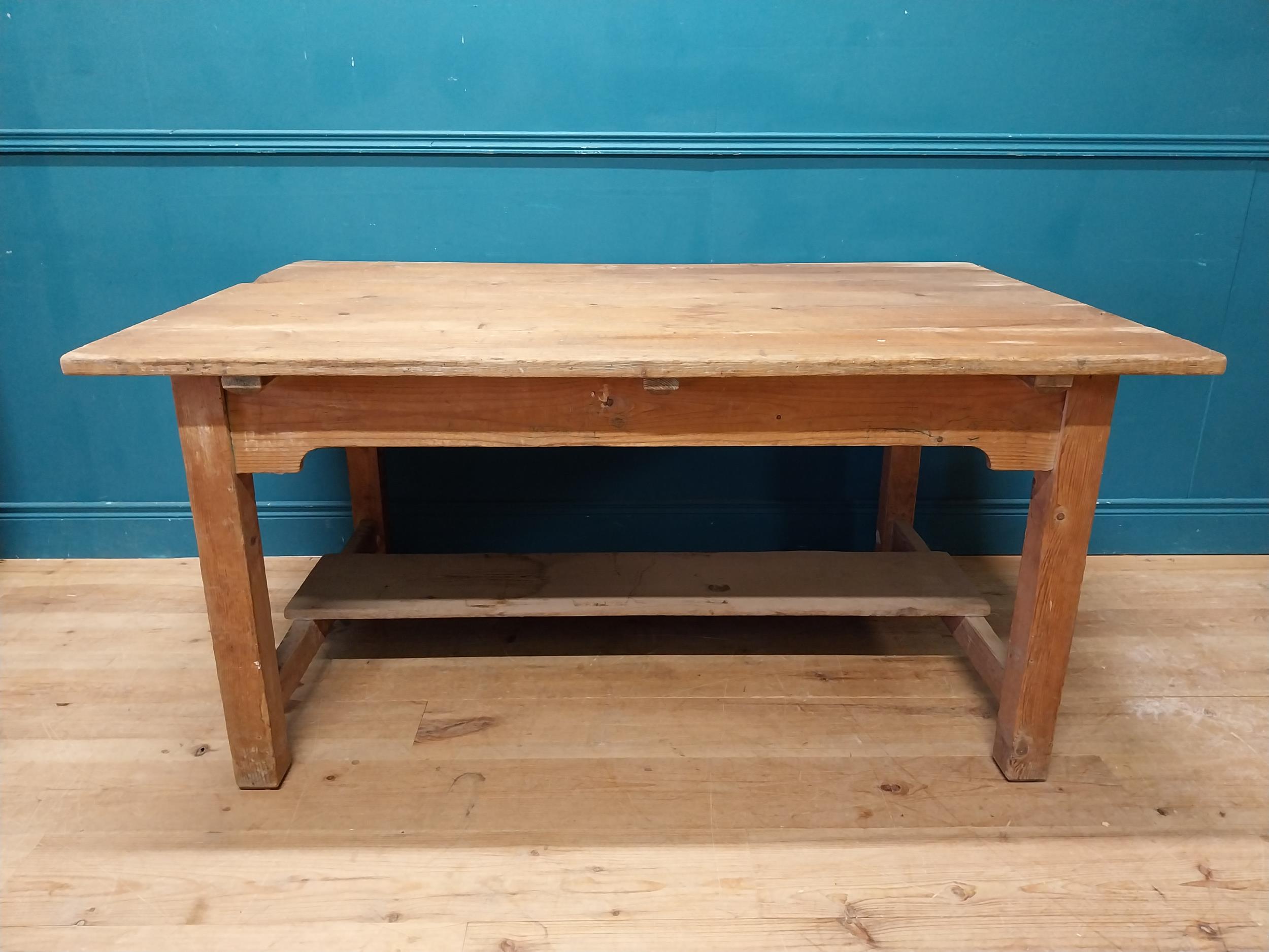 Early 20th C. pine kitchen table on square legs and single stretcher. {74 cm H x 153 cm W x 101 cm - Image 5 of 8