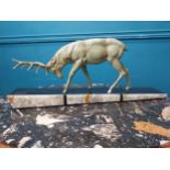 Art Deco spelter Stag on marble base. {24 cm H x 60 cm W x 16 cm D}.