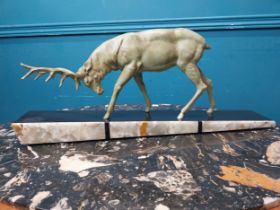 Art Deco spelter Stag on marble base. {24 cm H x 60 cm W x 16 cm D}.