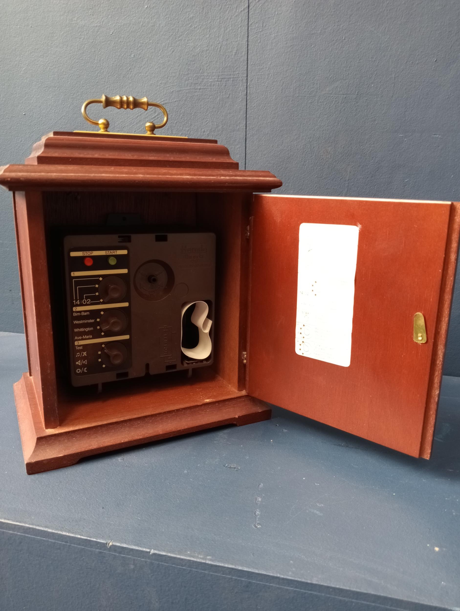 Mahogany carriage clock quartz chime {H 23cm x W 19cm x D 13cm }. - Image 2 of 2