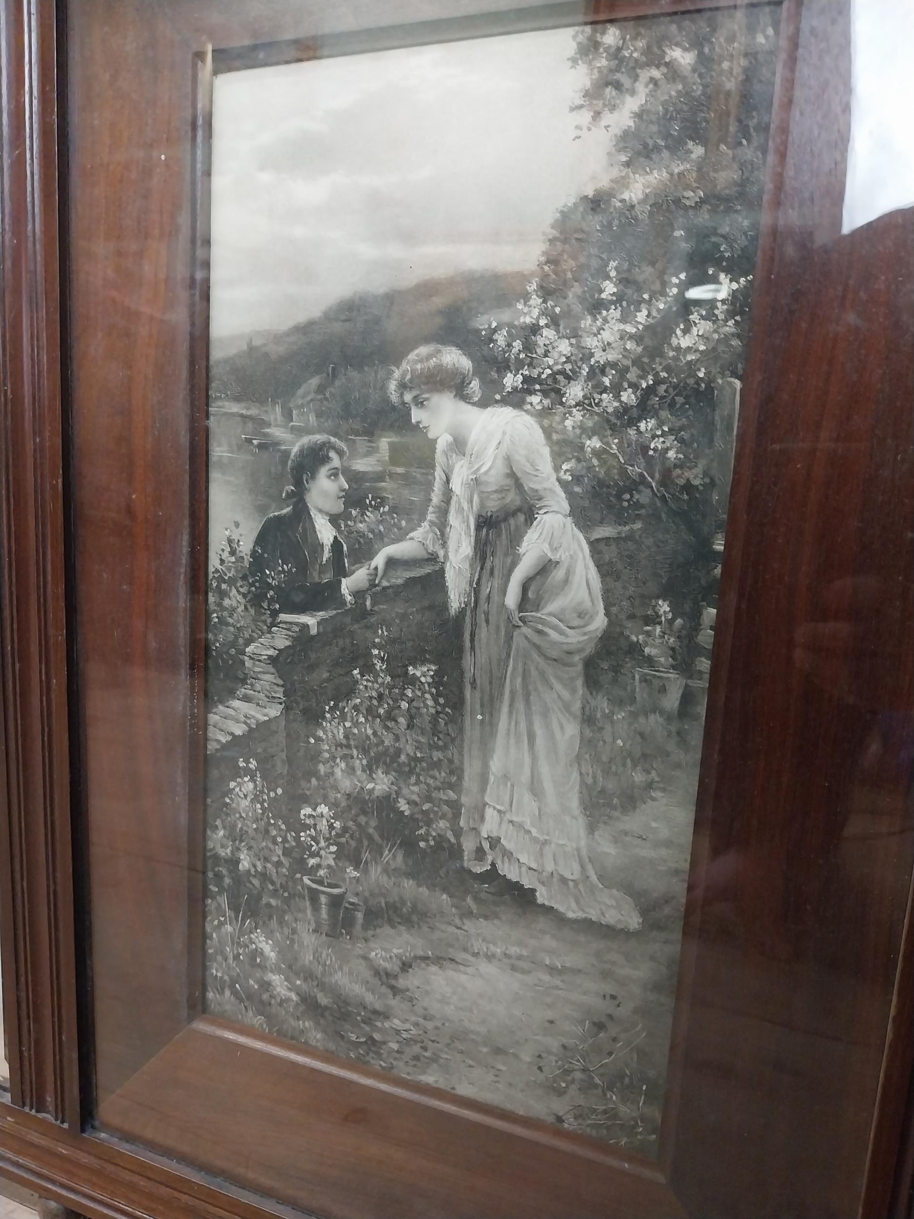 Edwardian mahogany overmantle mirror surmounted by black and white scenes of Lady and Swans and - Image 5 of 6