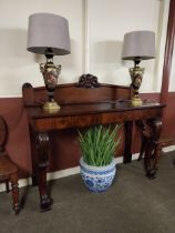 William IV mahogany console table with carved gallery back raised on carved legs and lions paw