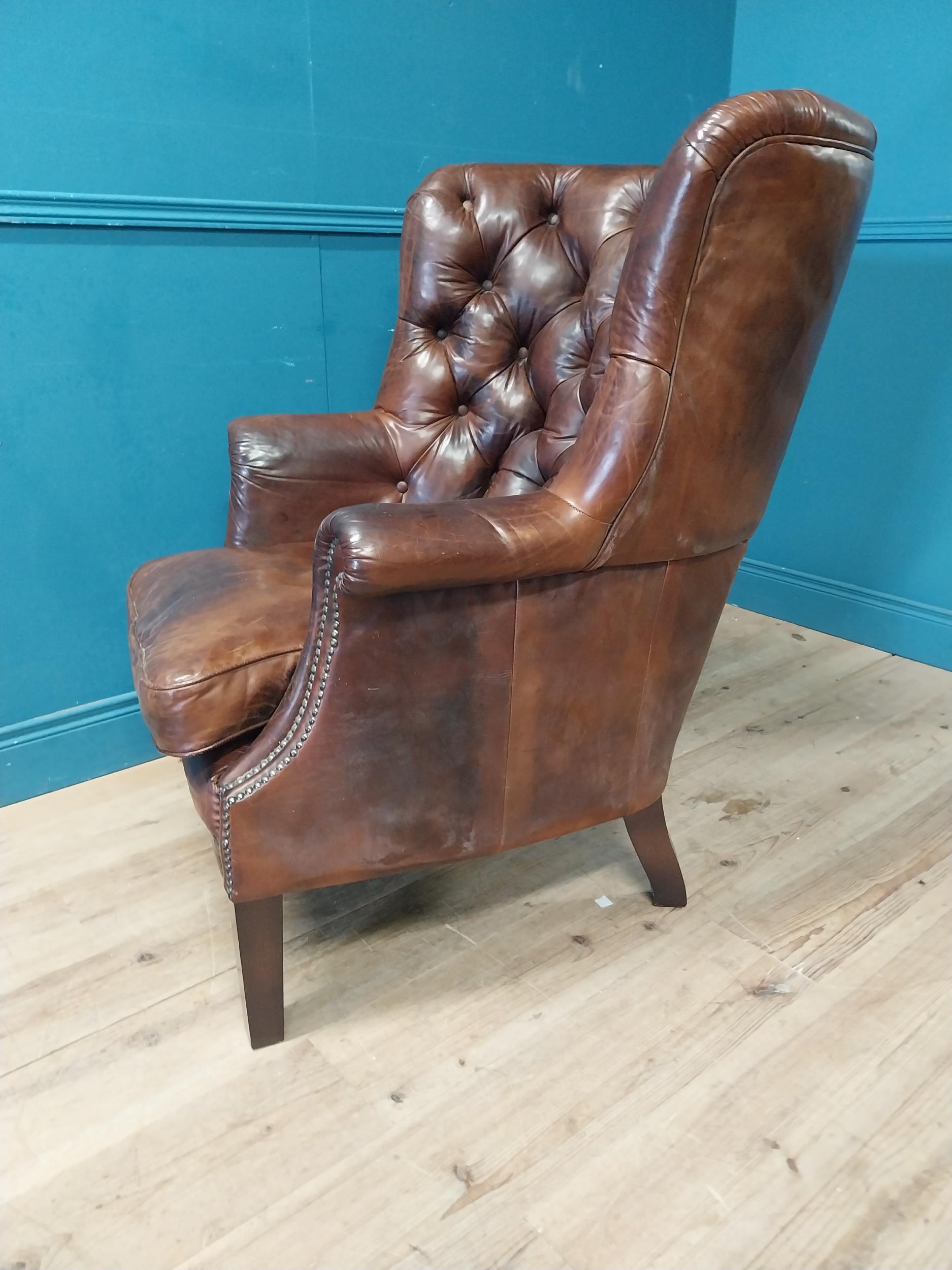 Good quality hand dyed deep buttoned wingback armchair raised on square legs. {108 cm H x 84 cm W - Image 2 of 5
