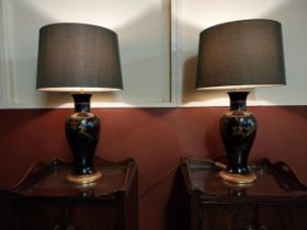 Pair of good quality Japanese lacquered and gilded metal table lamps with cloth shades {75 cm H x 43