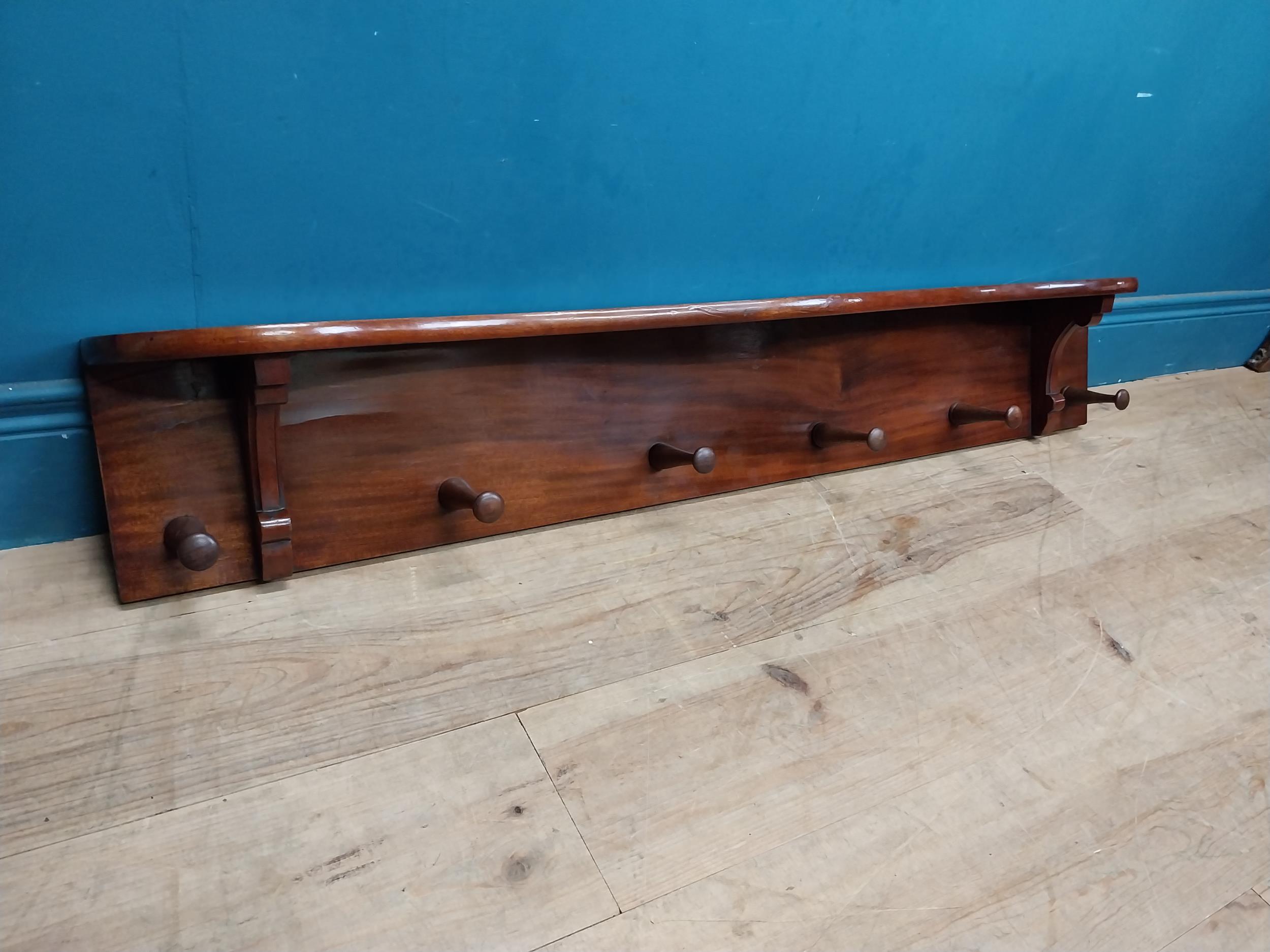 19th C. mahogany wall hanging coat rack. {20 cm H x 123 cm W x 17 cm D}. - Image 3 of 4