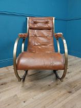 Mid Century brushed brass and leather rocking chair in the Lee Woodward style {96 cm H x 62 cm W x