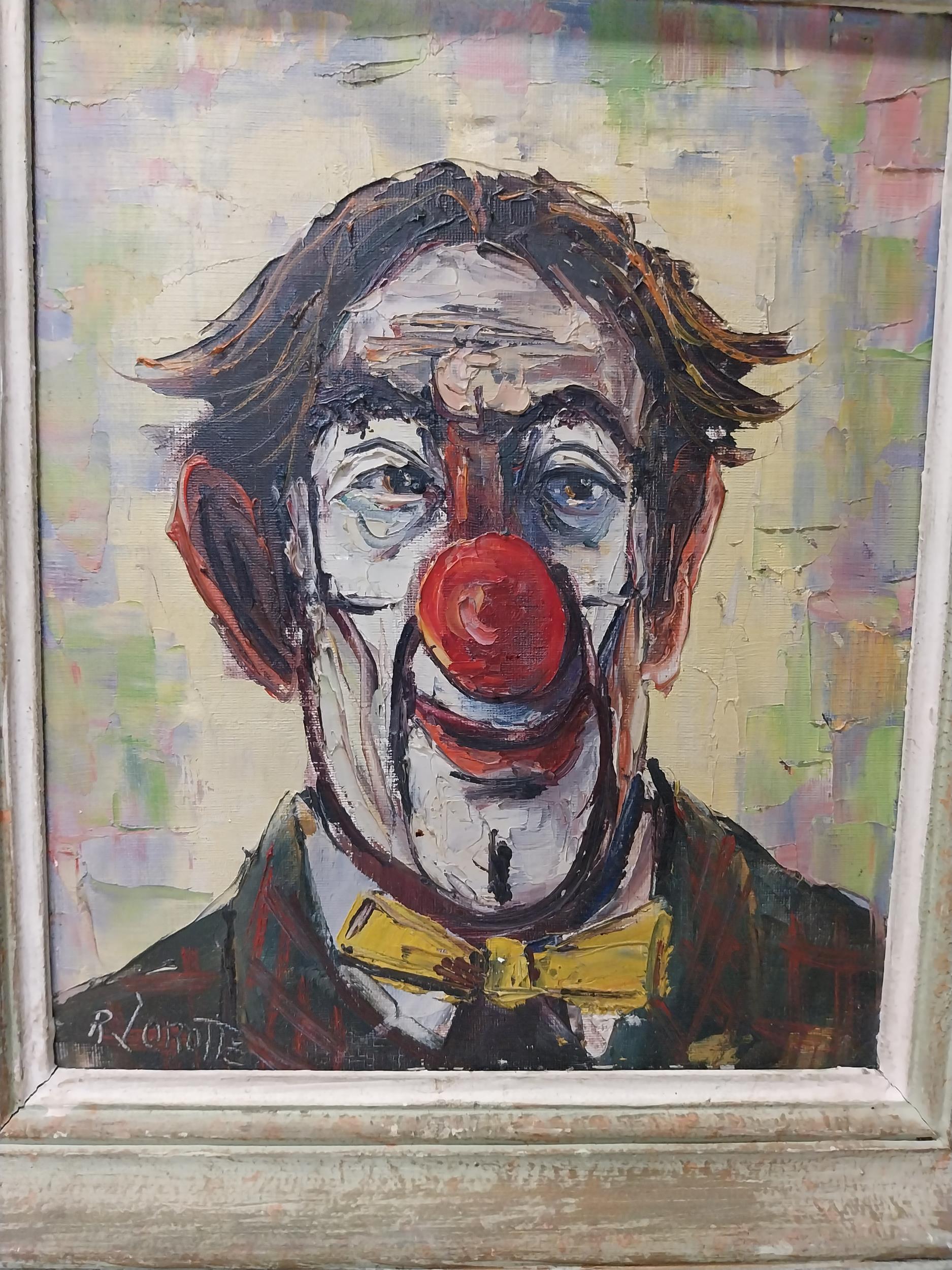 Set of three early 20th C. Clown oil on boards mounted in wooden frames {35 cm H x 30 cm W}. - Image 7 of 8