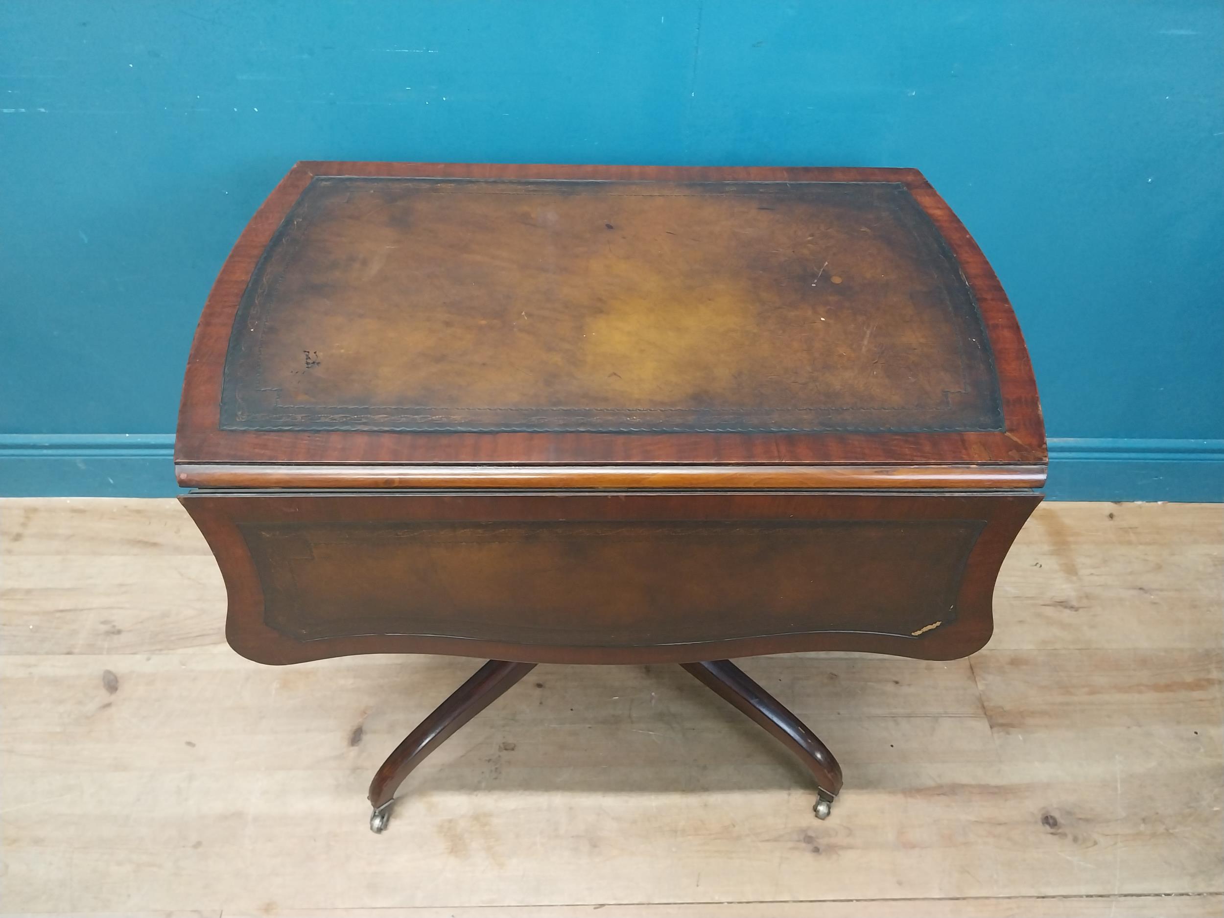 Walnut drop leaf centre table with leather top raised on carved column, four outswept feet and - Image 2 of 7