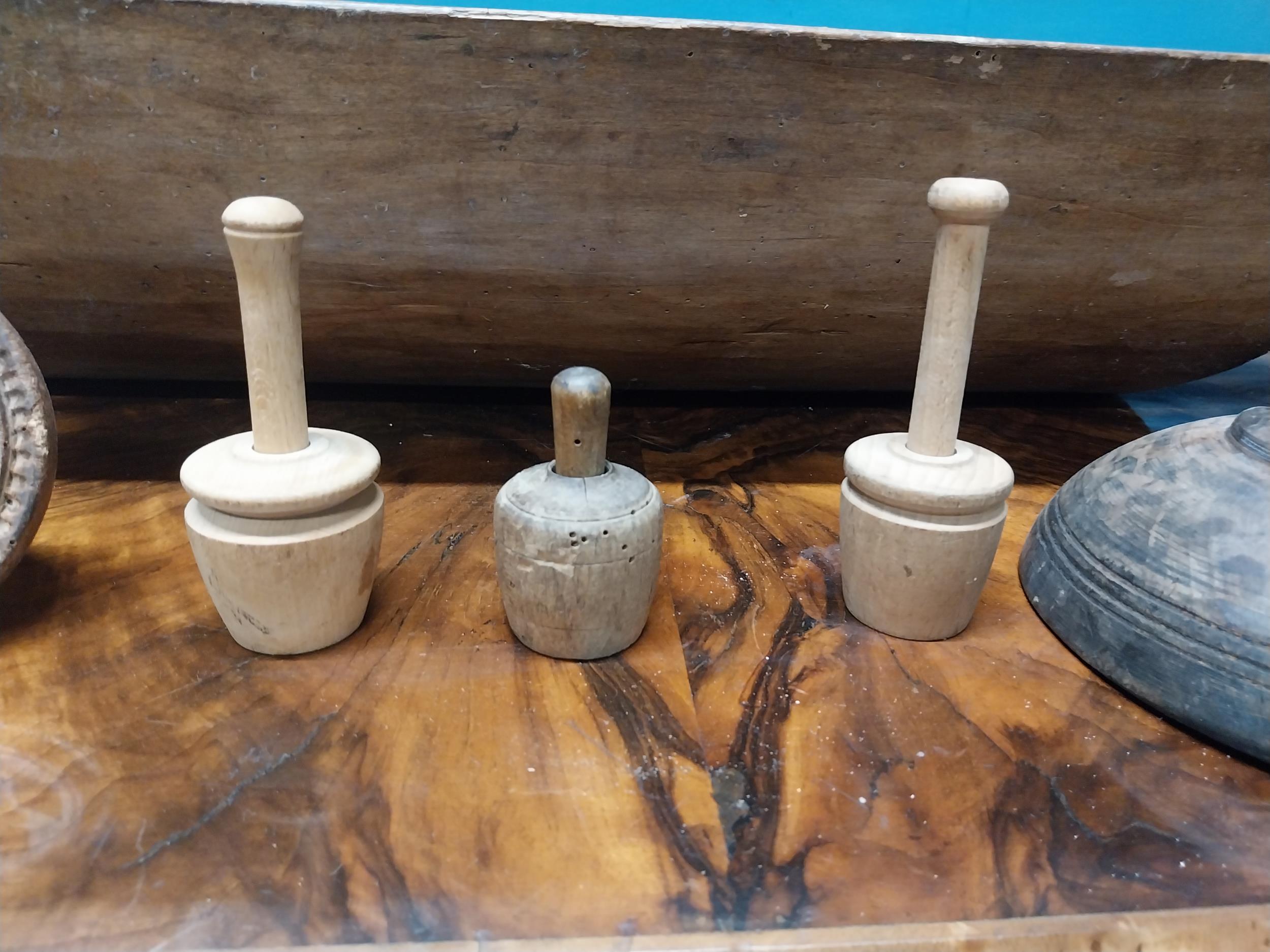 19th C. wooden dough trough and collection of butter stamps. {18 cm H x 75 cm W x 35 cm D}. - Image 3 of 5