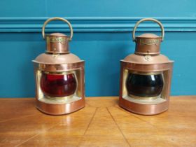 Pair of brass and copper Port and Starboard ship's lanterns with coloured glass inserts. {46 cm H
