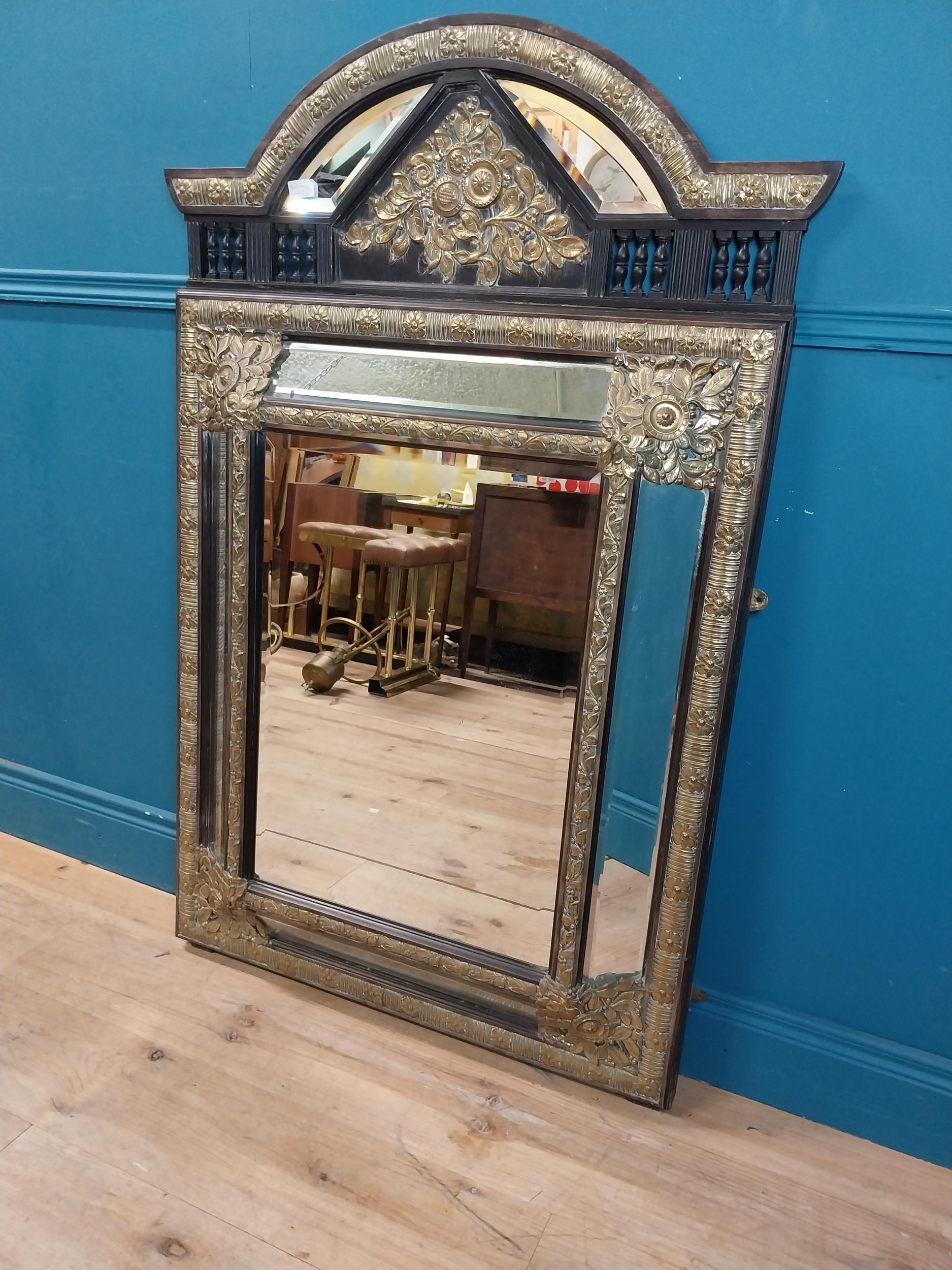 19th C. French brass and ebonised cushion mirror with floral decoration. {131 cm H x 86 cm W}. - Image 8 of 8