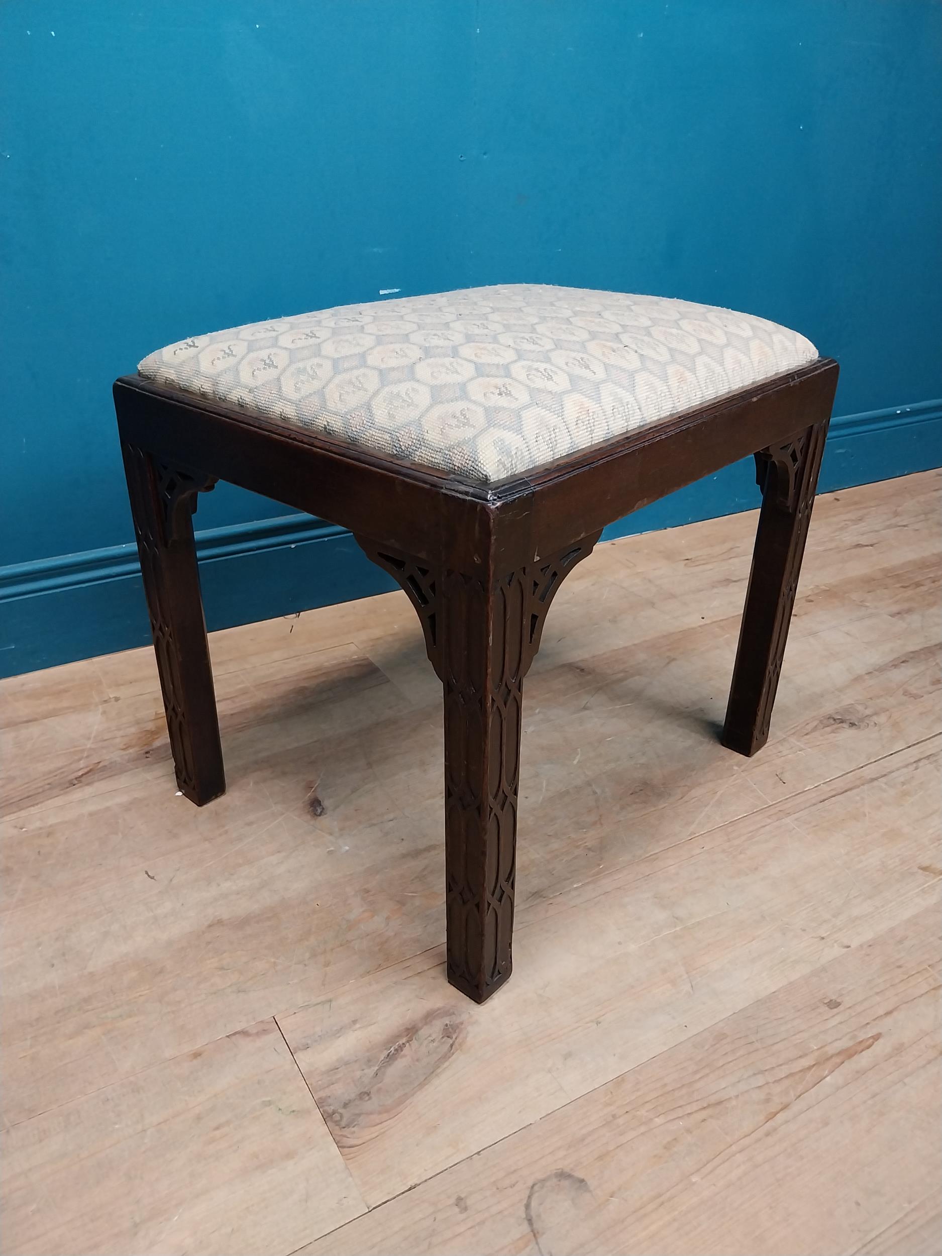 19th C. mahogany and upholstered stool in the Chippendale style. {46 cm H x 54 cm W x 43 cm D}. - Image 2 of 7