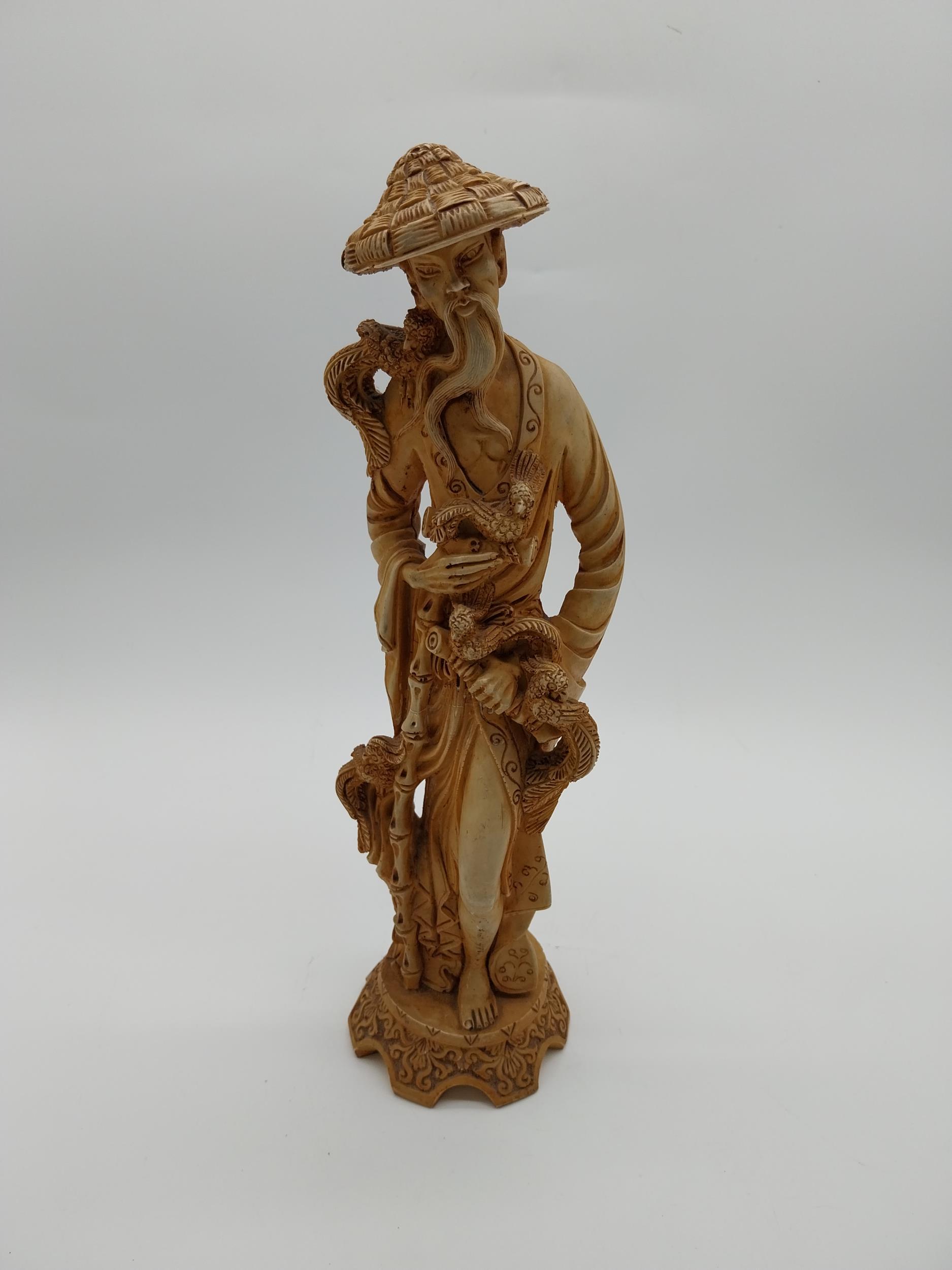 Resin oriental figure of a Man. {37 cm H x 12 cm W x 11 cm D}.