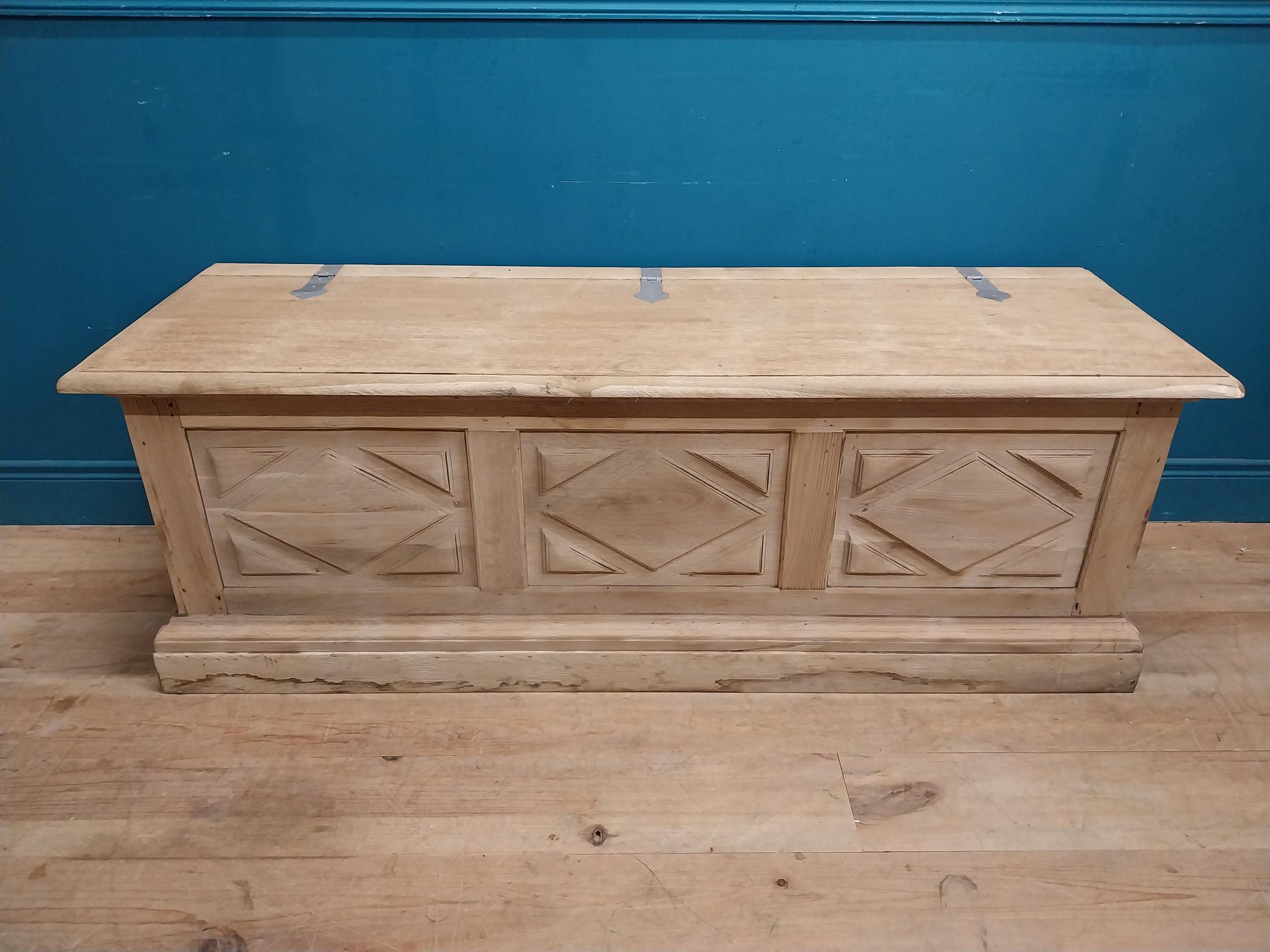 Early 20th C. bleached oak blanket box with metal mounts. {57 cm H x 162 cm W x 52 cm D}. - Image 2 of 6