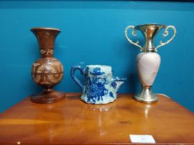 Two vintage ceramic vases and one ceramic shaving mug {22 cm H, 21 cm H and 10 cm H}.