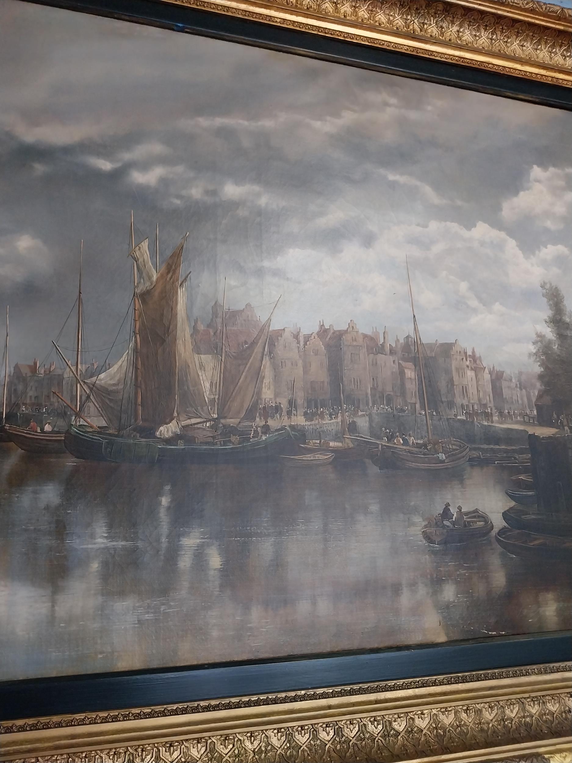 Framed oil on canvas - Dutch boating Scene. Wm Howard{106 cm H x157 cm W}. - Image 3 of 6