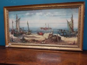 Edwardian Maritime scene print mounted in gilt frame {51 cm H x 94 cm W}.