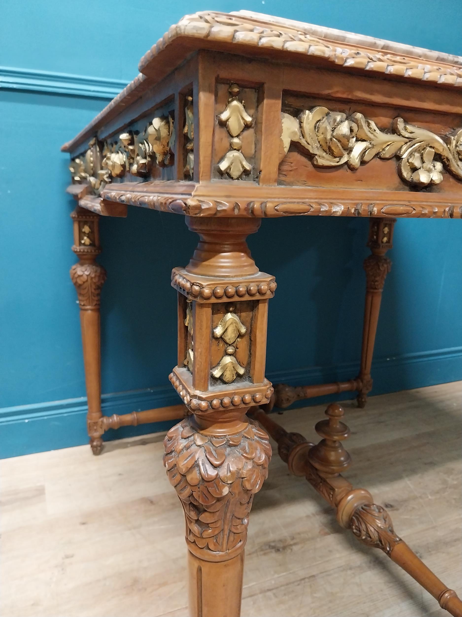 Walnut and partial gilt centre table with marble top raised on carved turned legs {87 cm H x 104 - Image 8 of 9